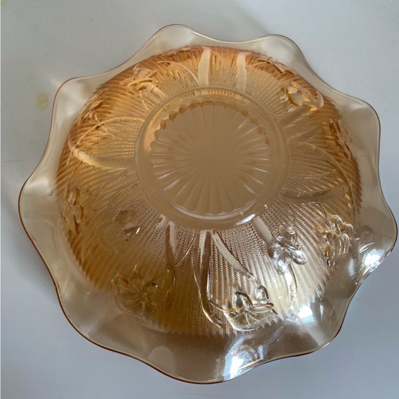 EUC VTG JEANNETTE LOUISA IRIDESCENT FLORAGOLD RUFFLED RIM BOWL CARNIVAL GLASS - Picture 4 of 9